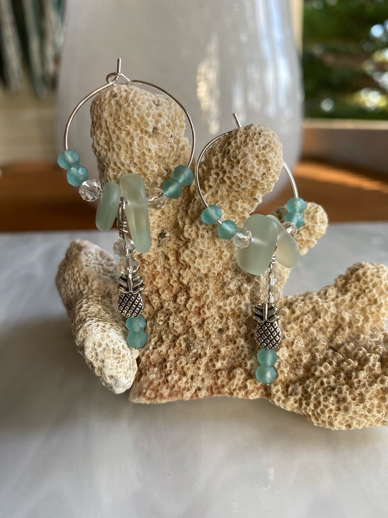 Blue Sea Glass and Silver Pineapple Hoop Earrings