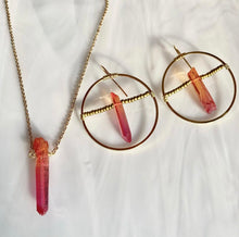 Load image into Gallery viewer, Red and Orange Aura AB Raw Crystal Quartz Point Hoop Earrings
