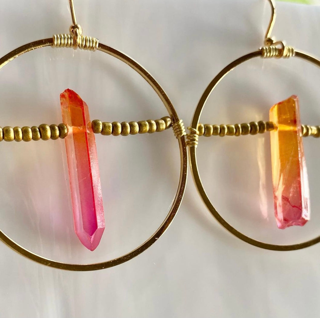 Red and Orange Aura AB Raw Crystal Quartz Point Hoop Earrings